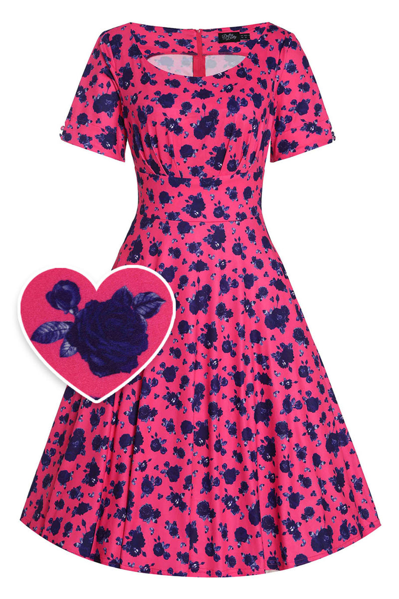 Brenda Hot Pink Blue Rose Print Short-Sleeved Adorned Dress