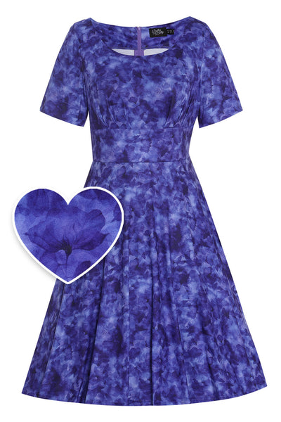 Brenda Purple Short-Sleeved Watercolor Floral Print Adorned Dress