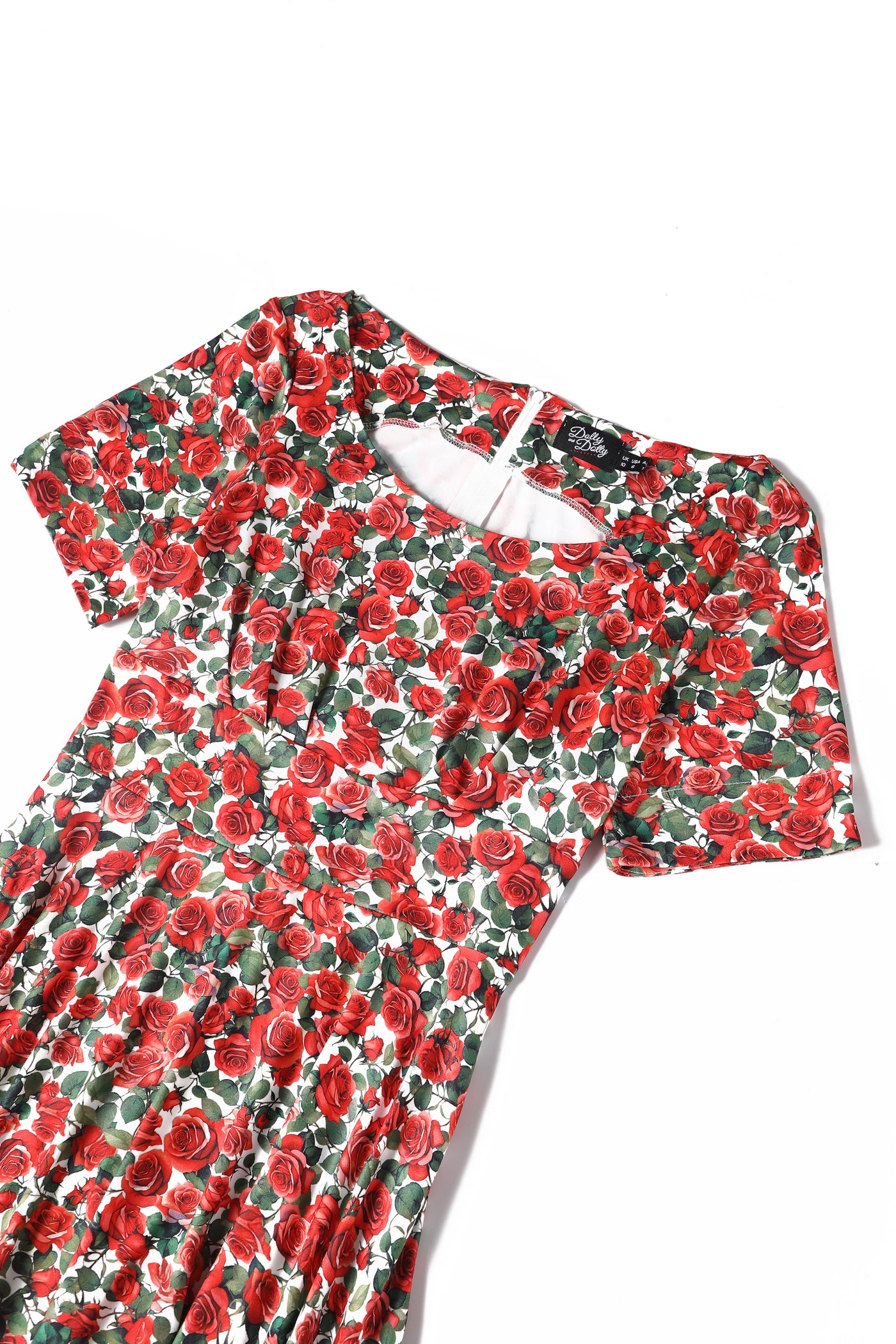 EU STOCK Brenda Red Short-Sleeved Rose Garden Print Adorned Dress