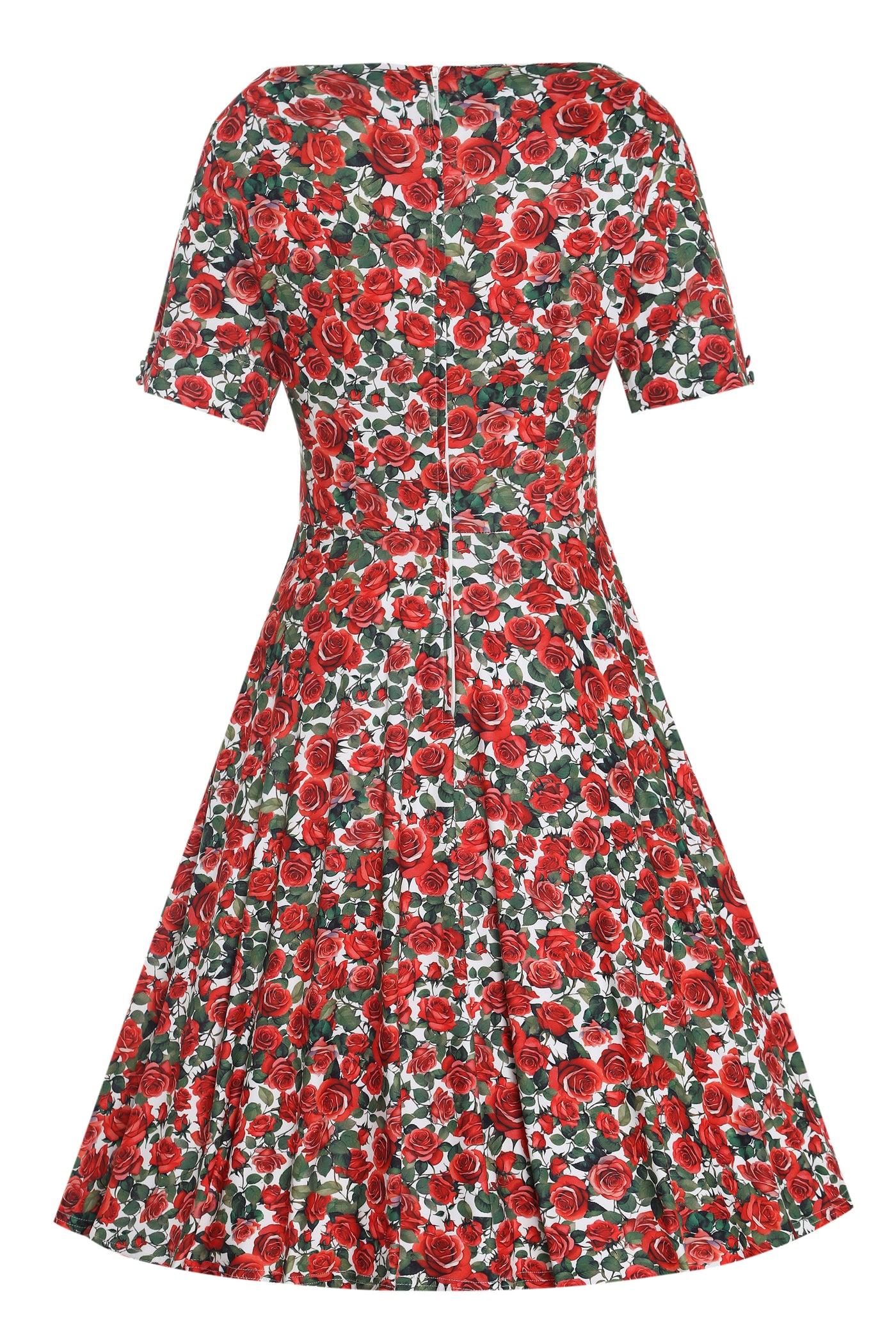 EU STOCK Brenda Red Short-Sleeved Rose Garden Print Adorned Dress