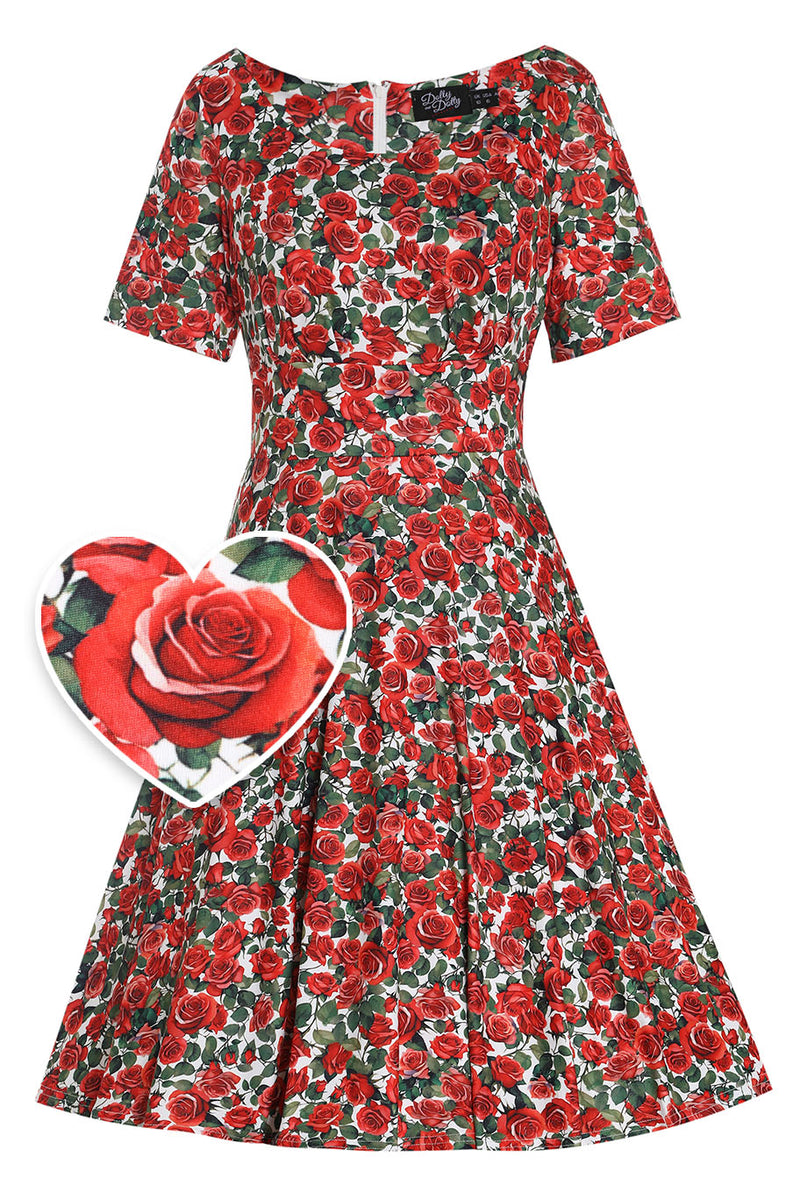 EU STOCK Brenda Red Short-Sleeved Rose Garden Print Adorned Dress