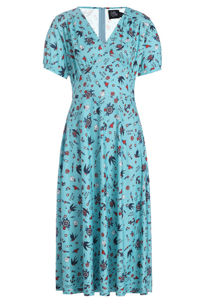 EU STOCK Julia Sky Blue Birds, Hearts and Roses Print Dress