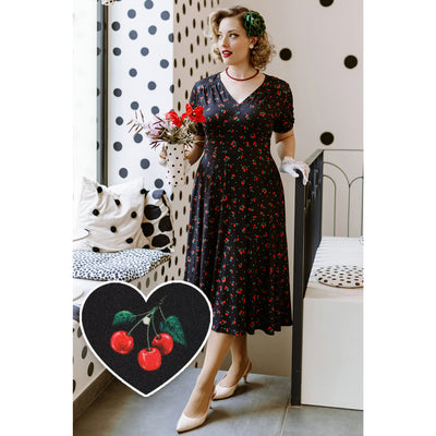 EU STOCK Julia Black Cherry Print Sleeved Dress