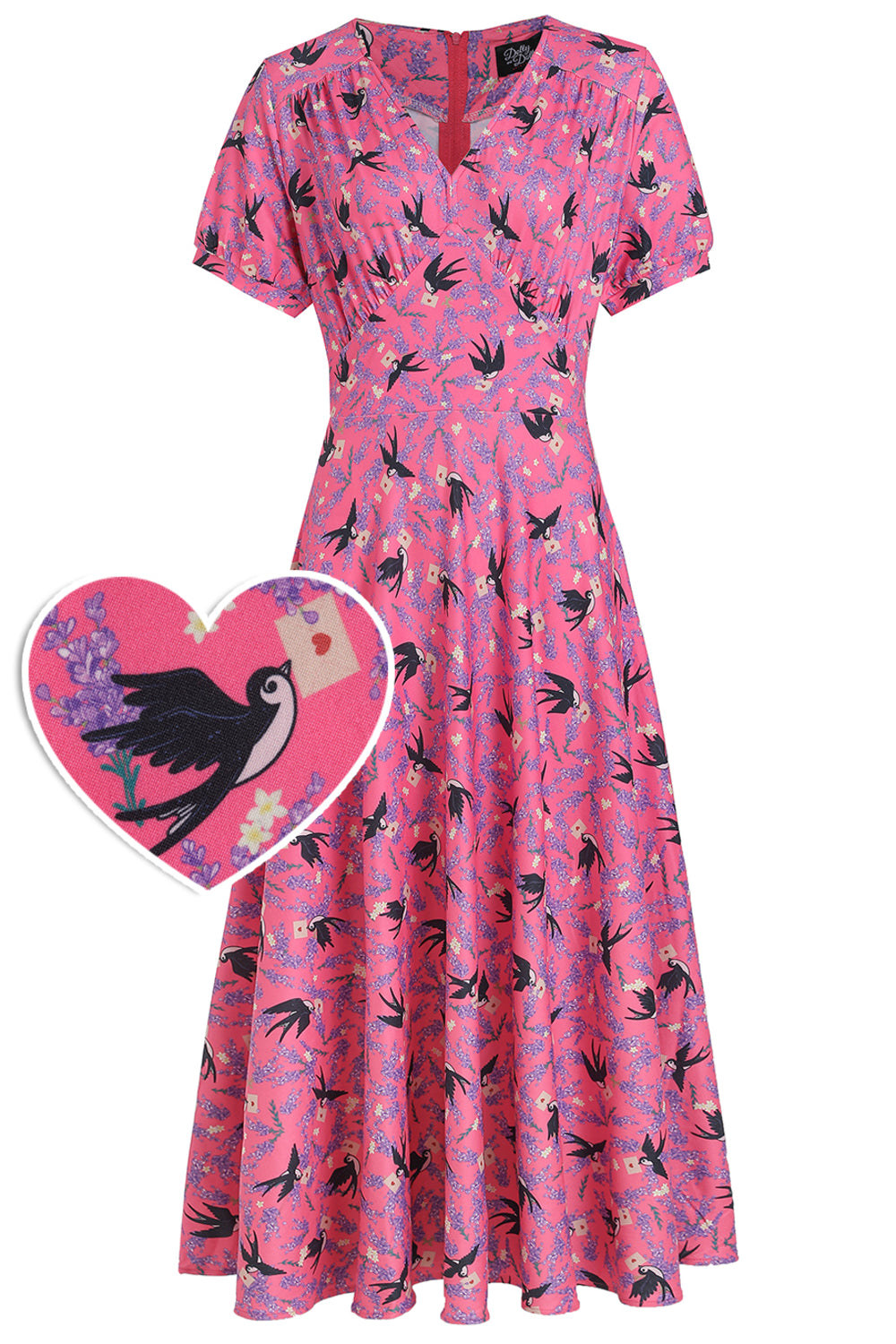 PRE ORDER Julia Pink & Black Retro Swallow Print Dress