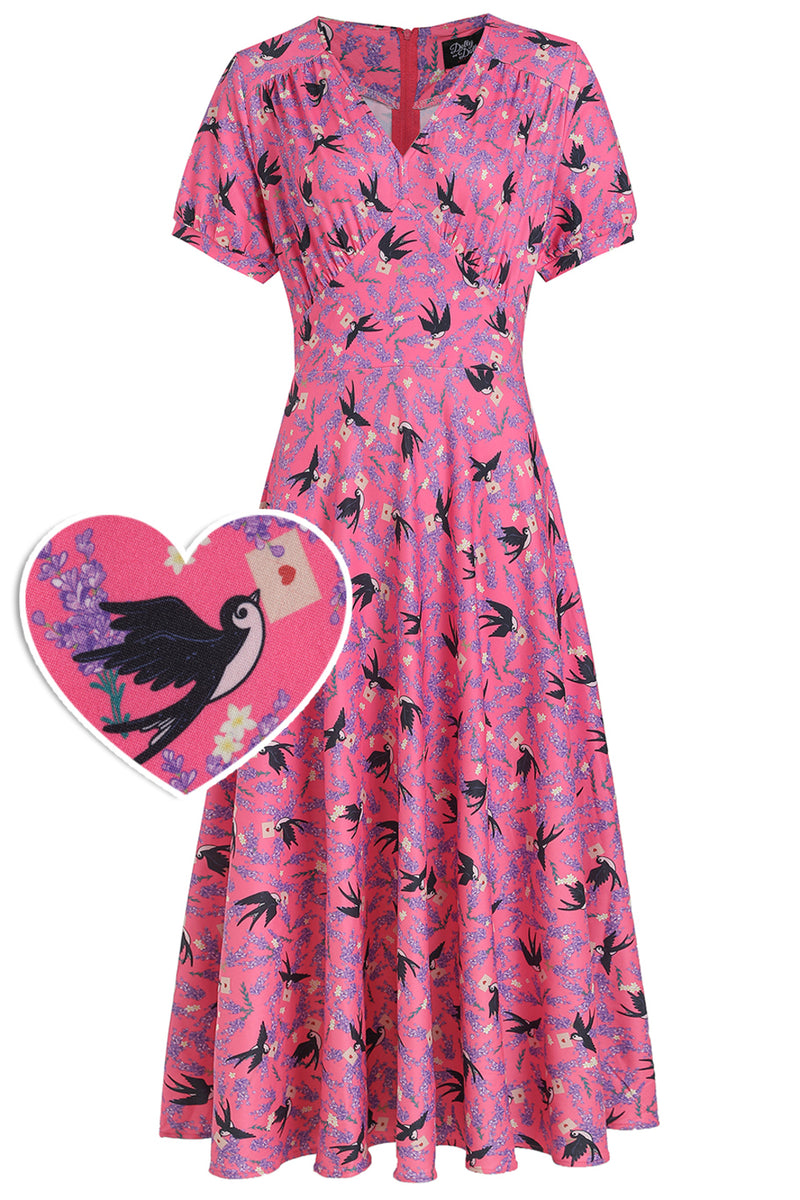 PRE ORDER Julia Pink & Black Retro Swallow Print Dress