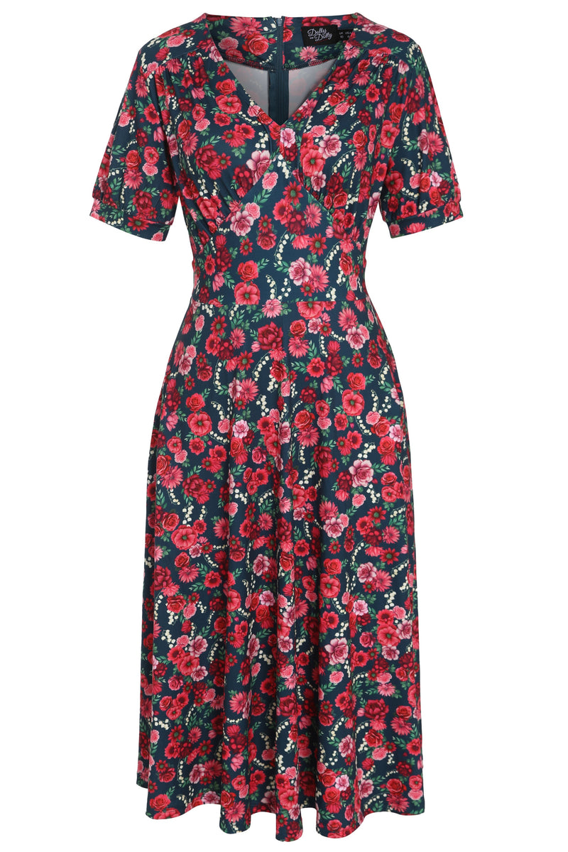 PRE ORDER Julia Petrol Blue 50s Style Floral Print Swing Dress