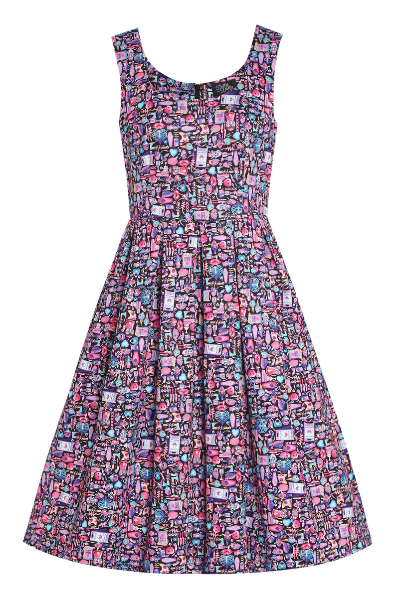 Amanda Multicolor 90s Goth Print Scoop Neck Swing Dress