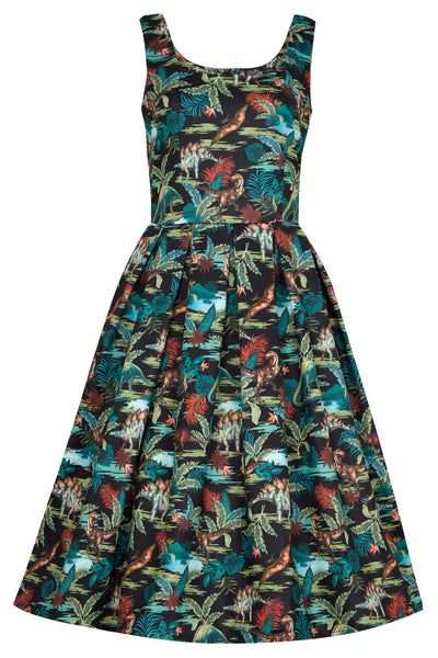 EU STOCK Amanda Scoop Neck Swing Dress in Black Forest and Dino Print