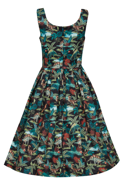 EU STOCK Amanda Scoop Neck Swing Dress in Black Forest and Dino Print