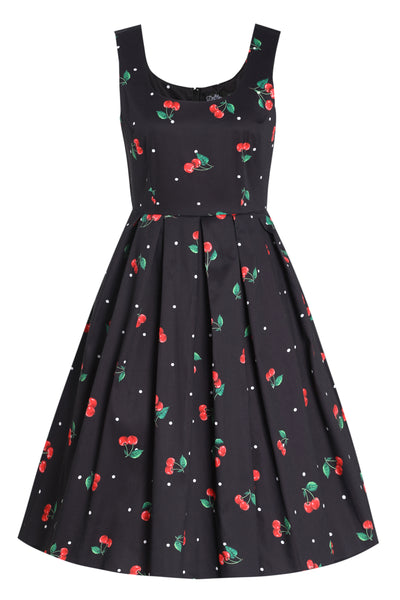 EU STOCK Amanda Black Scoop Neck Polka Dots/Cherry Print Dress