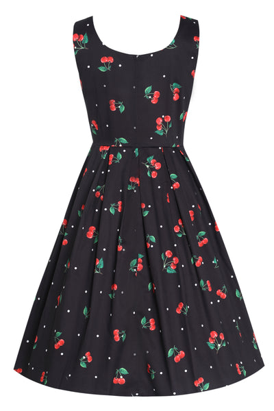 EU STOCK Amanda Black Scoop Neck Polka Dots/Cherry Print Dress