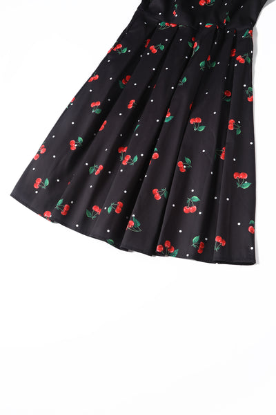 EU STOCK Amanda Black Scoop Neck Polka Dots/Cherry Print Dress