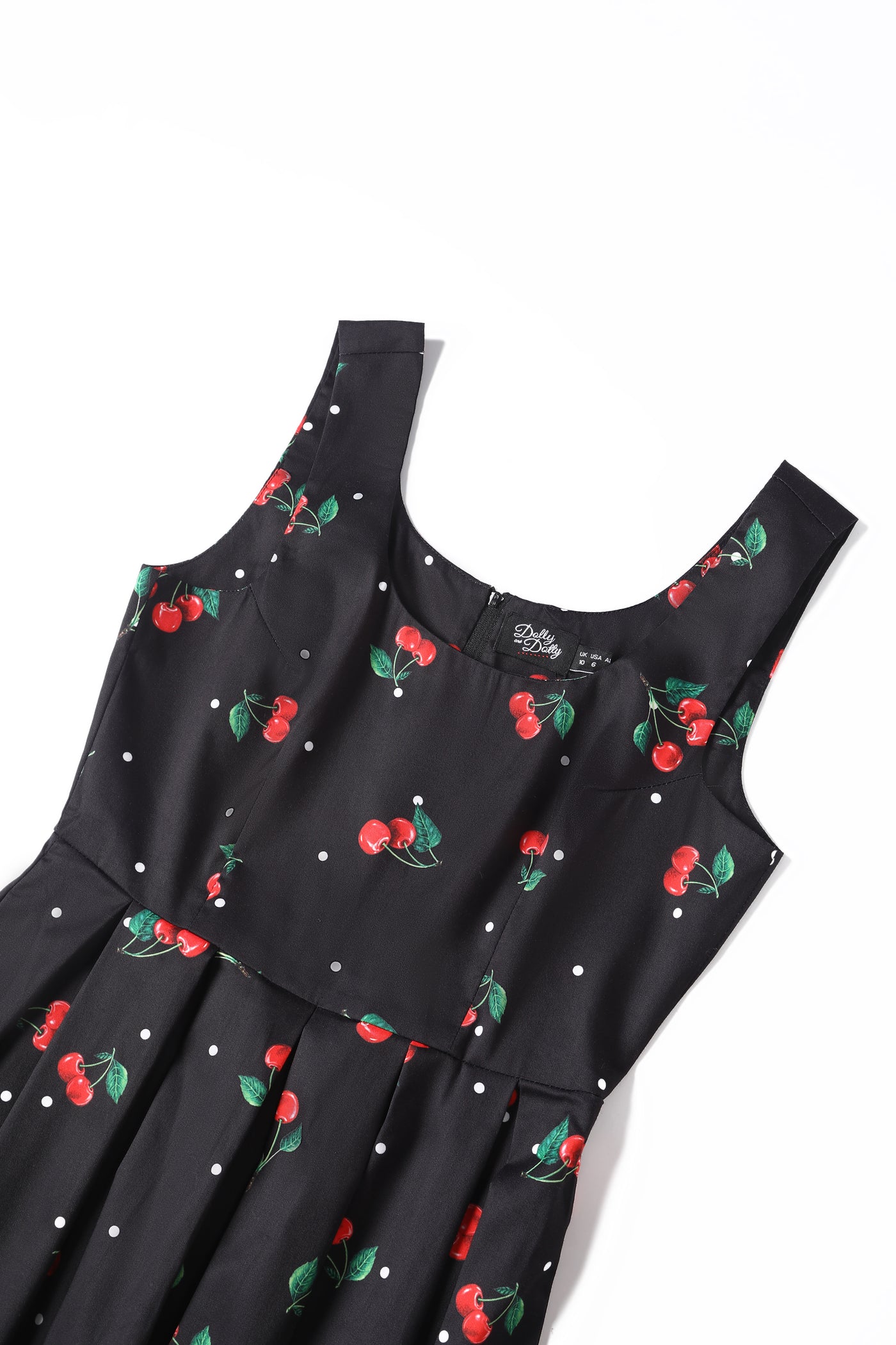 EU STOCK Amanda Black Scoop Neck Polka Dots/Cherry Print Dress