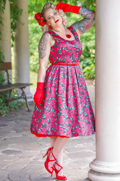 Amanda Black Red Anemone Print Scoop Neck Swing Dress