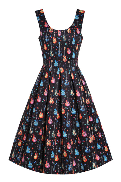 EU STOCK Amanda Black Guitar Print Swing Dress