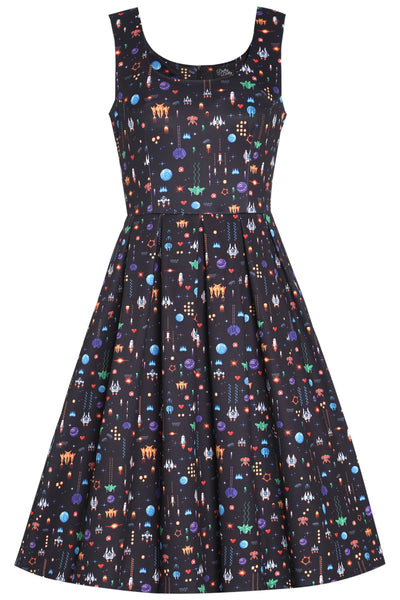 EU STOCK Amanda Black Space Ship Print Scoop Neck Swing Dress