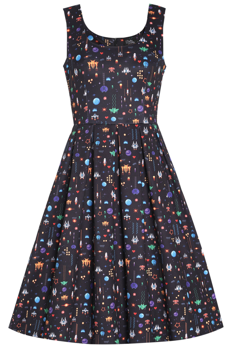 EU STOCK Amanda Black Space Ship Print Scoop Neck Swing Dress