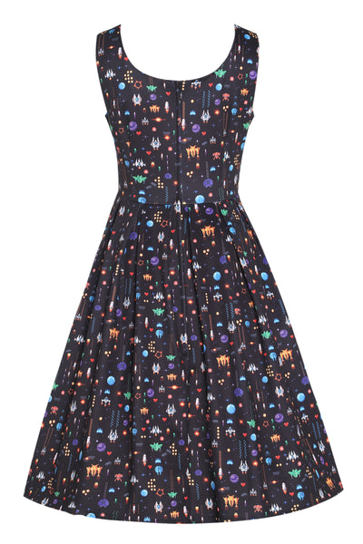 Amanda Black Space Ship Print Scoop Neck Swing Dress