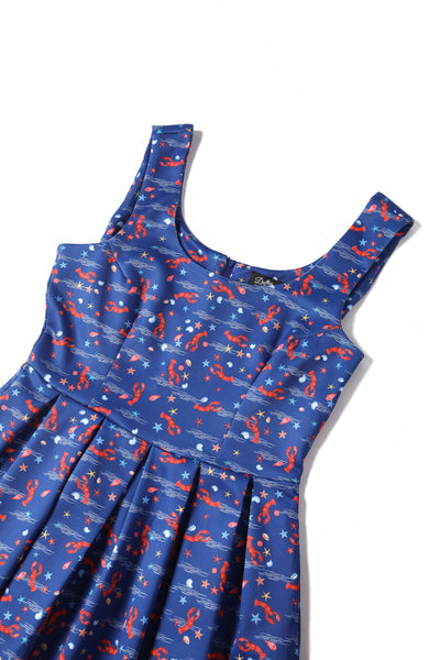 Amanda Blue Scoop Neck Lobster Print Swing Dress