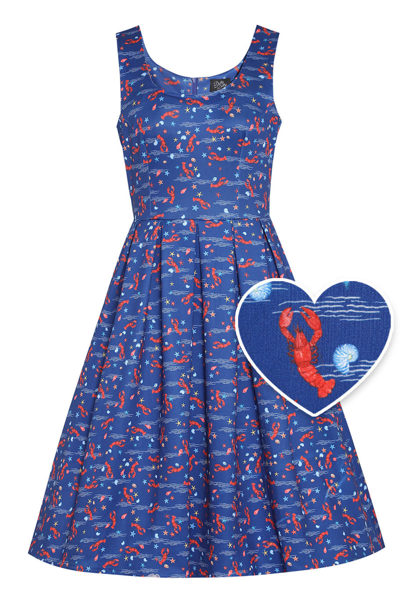 Amanda Blue Scoop Neck Lobster Print Swing Dress