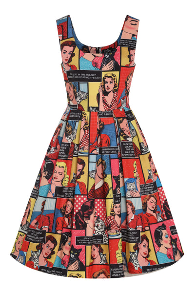 EU STOCK Amanda Scoop Neck Comic Strip Print Swing Dress