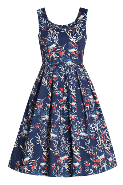 Amanda Dark Blue Scoop Neck Blue Bird/Branch Print Dress