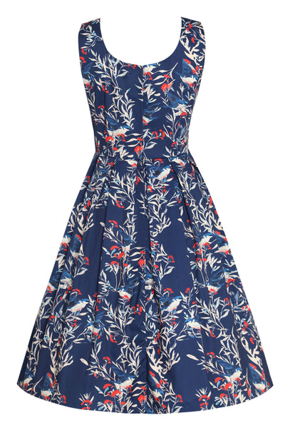 Amanda Dark Blue Scoop Neck Blue Bird/Branch Print Dress