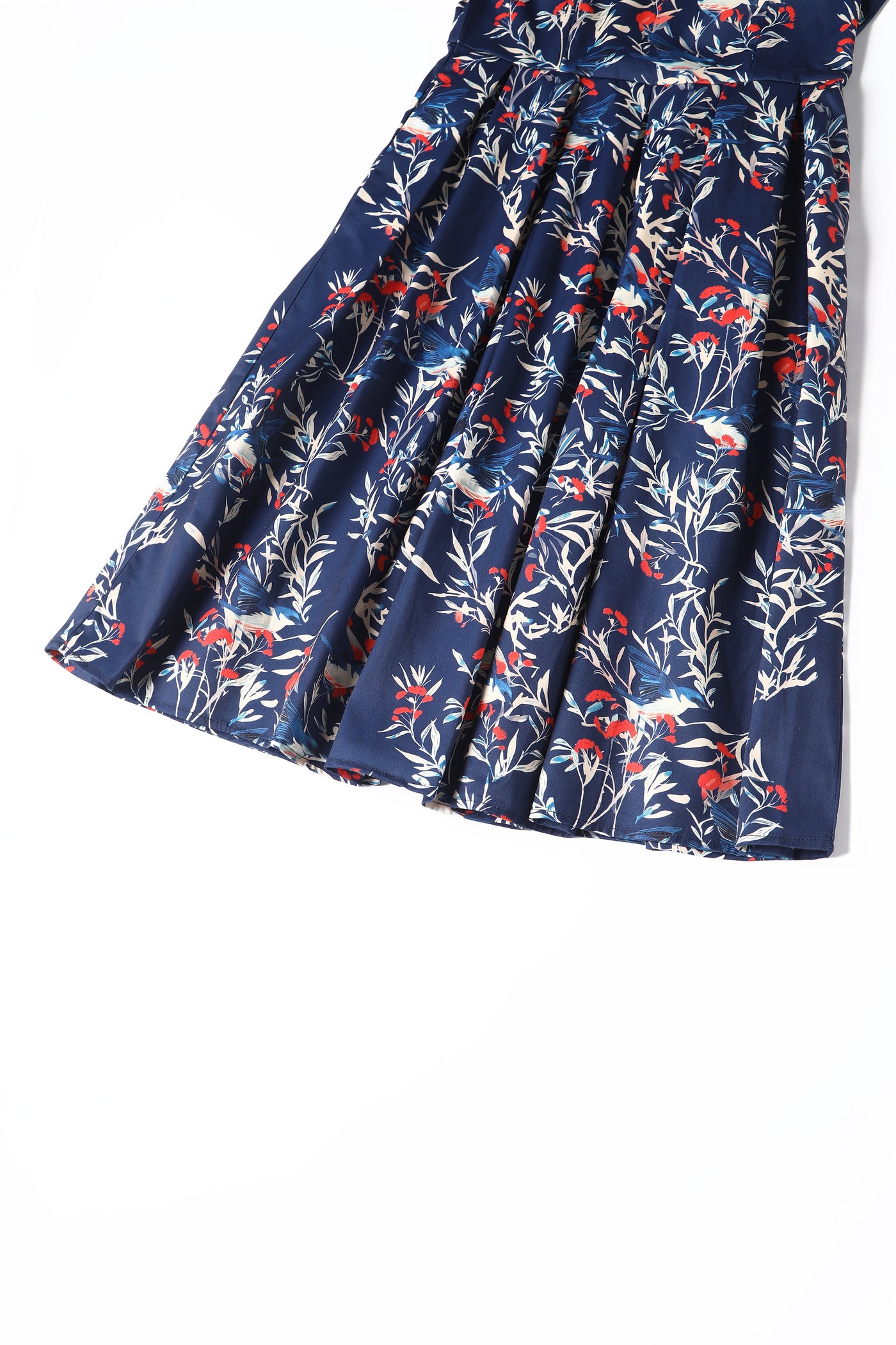 Amanda Dark Blue Scoop Neck Blue Bird/Branch Print Dress