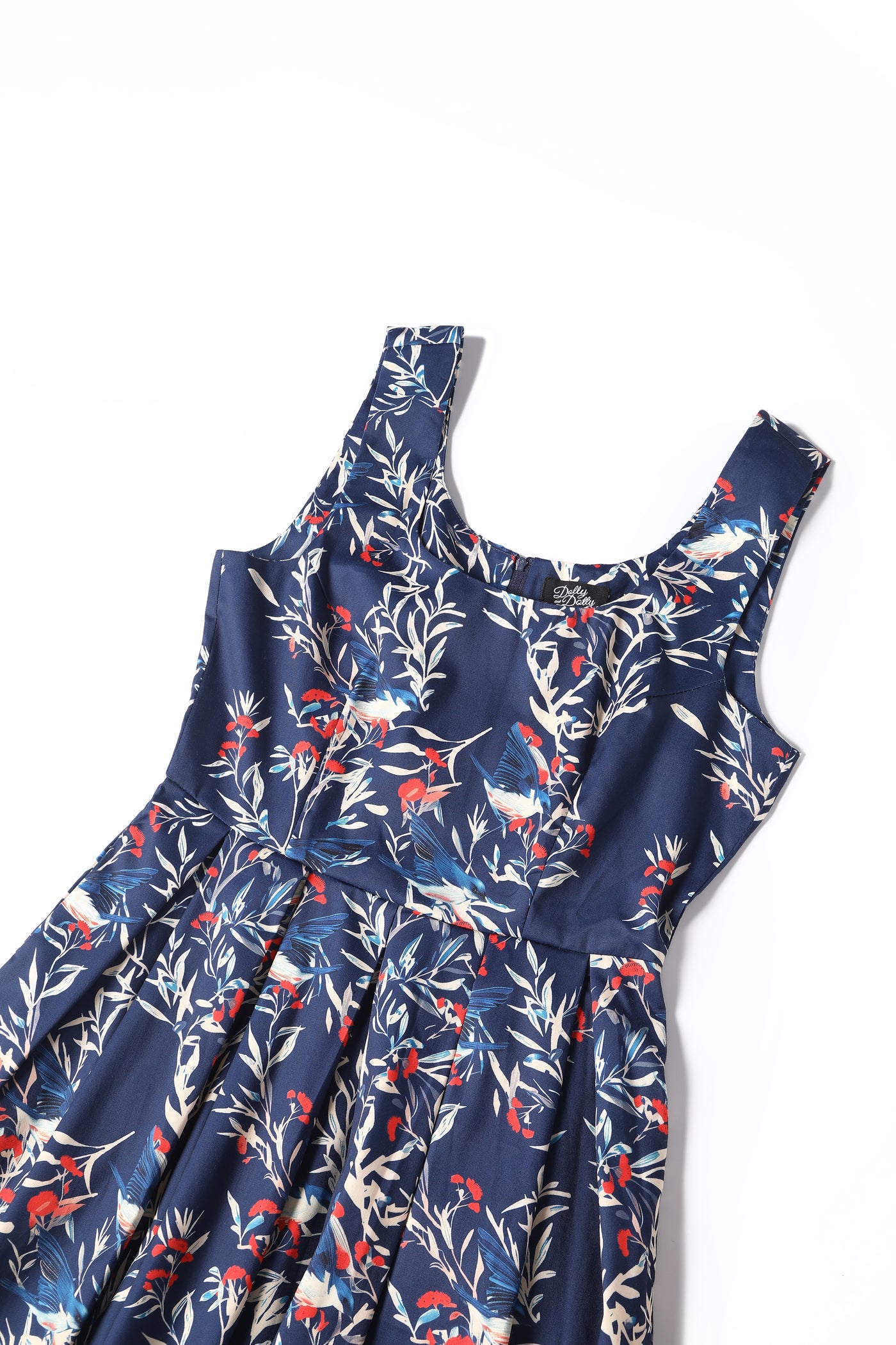 Amanda Dark Blue Scoop Neck Blue Bird/Branch Print Dress