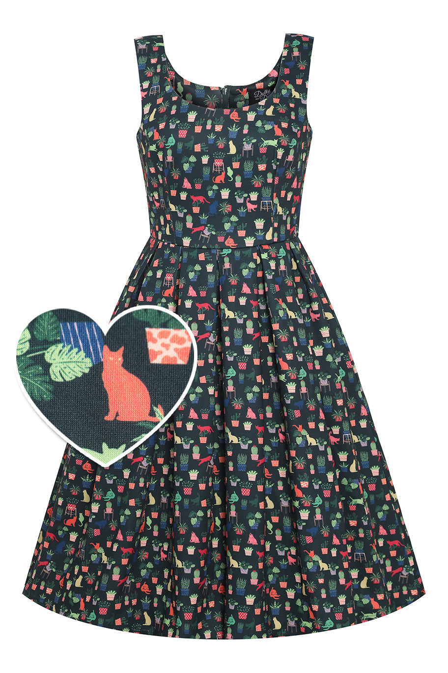 EU STOCK Amanda Dark Green Cat & Plant Flared Dress