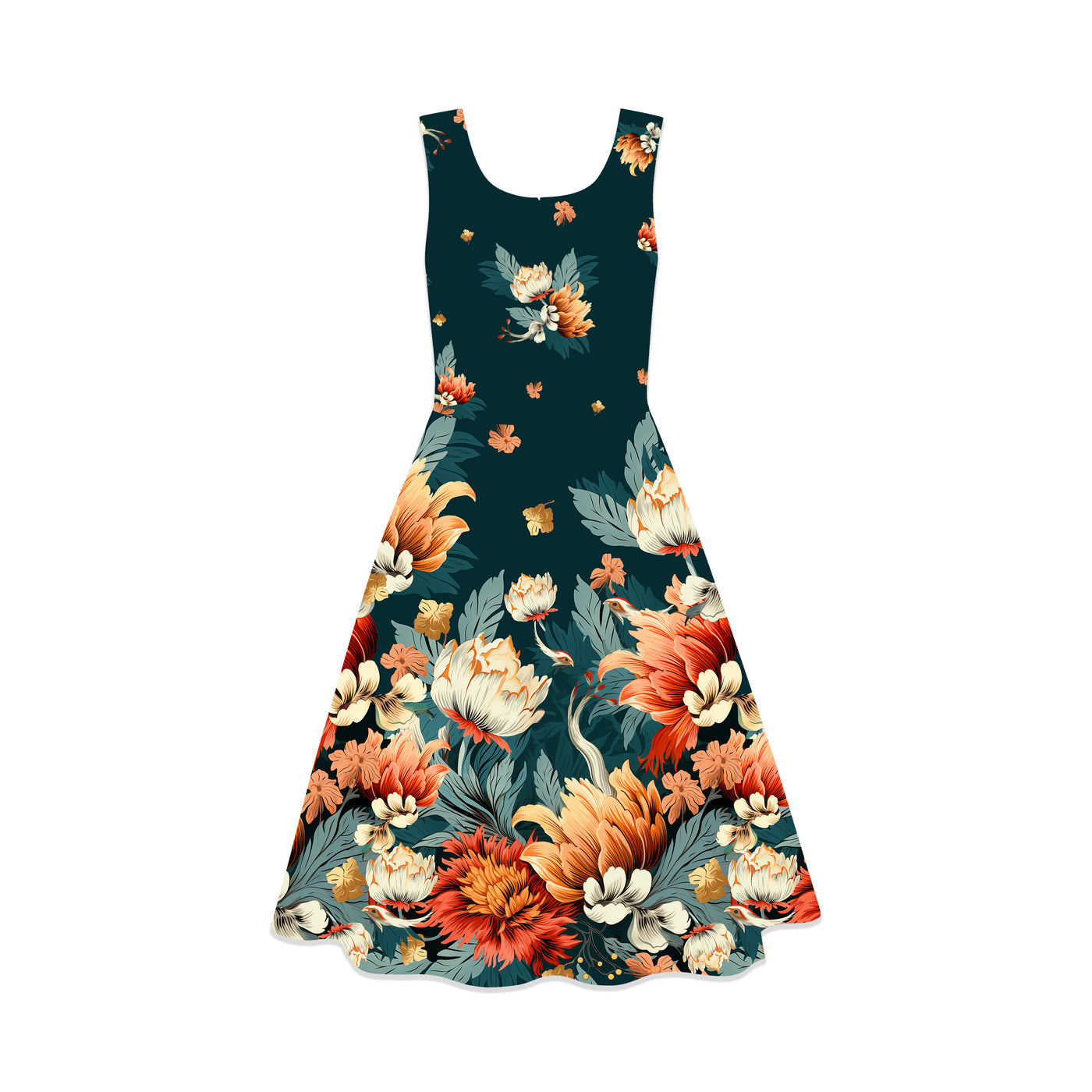 Amanda Dark Jungle Green Raised Floral Print Swing Dress