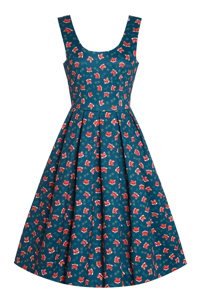 EU STOCK Amanda Dark Green Cute Fox Print Swing Dress