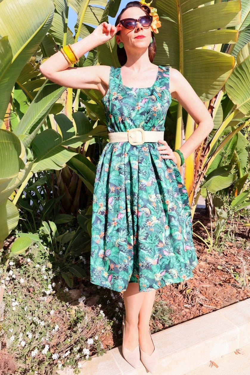 Amanda Dinosaur Forest Flared Dress in Dark Green