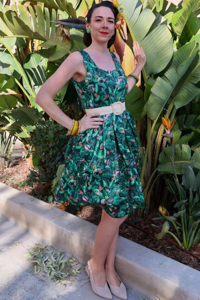 Amanda Dinosaur Forest Flared Dress in Dark Green