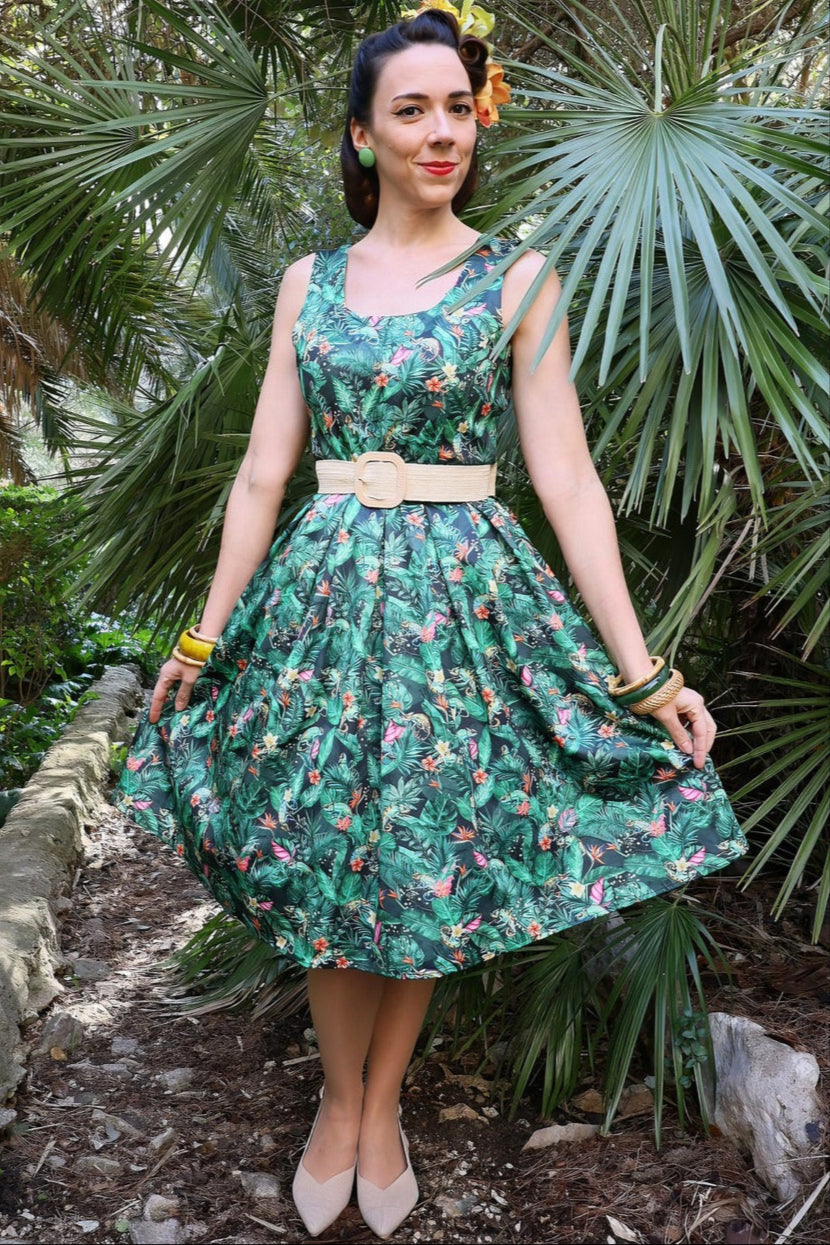 EU STOCK Amanda Dinosaur Forest Flared Dress in Dark Green