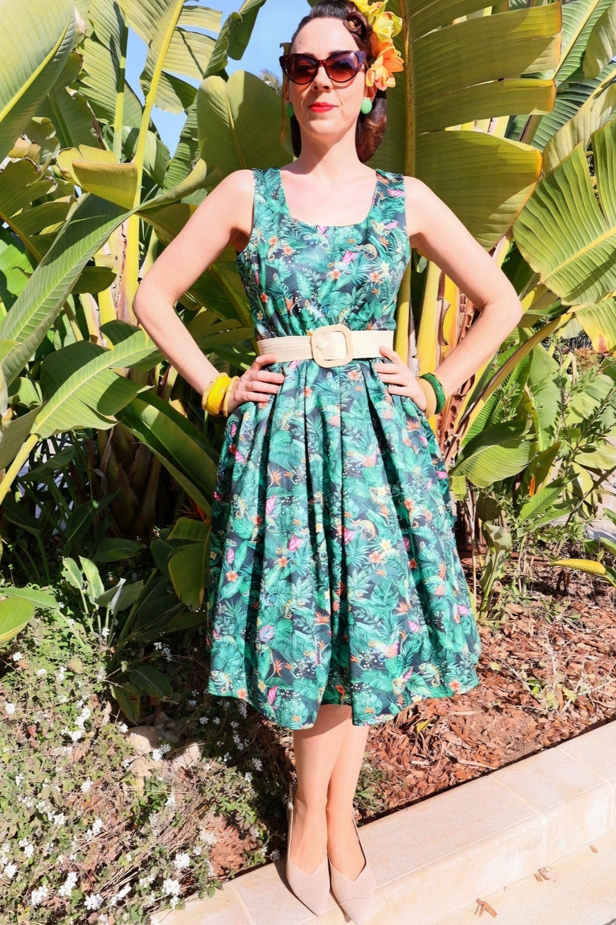 Amanda Dinosaur Forest Flared Dress in Dark Green