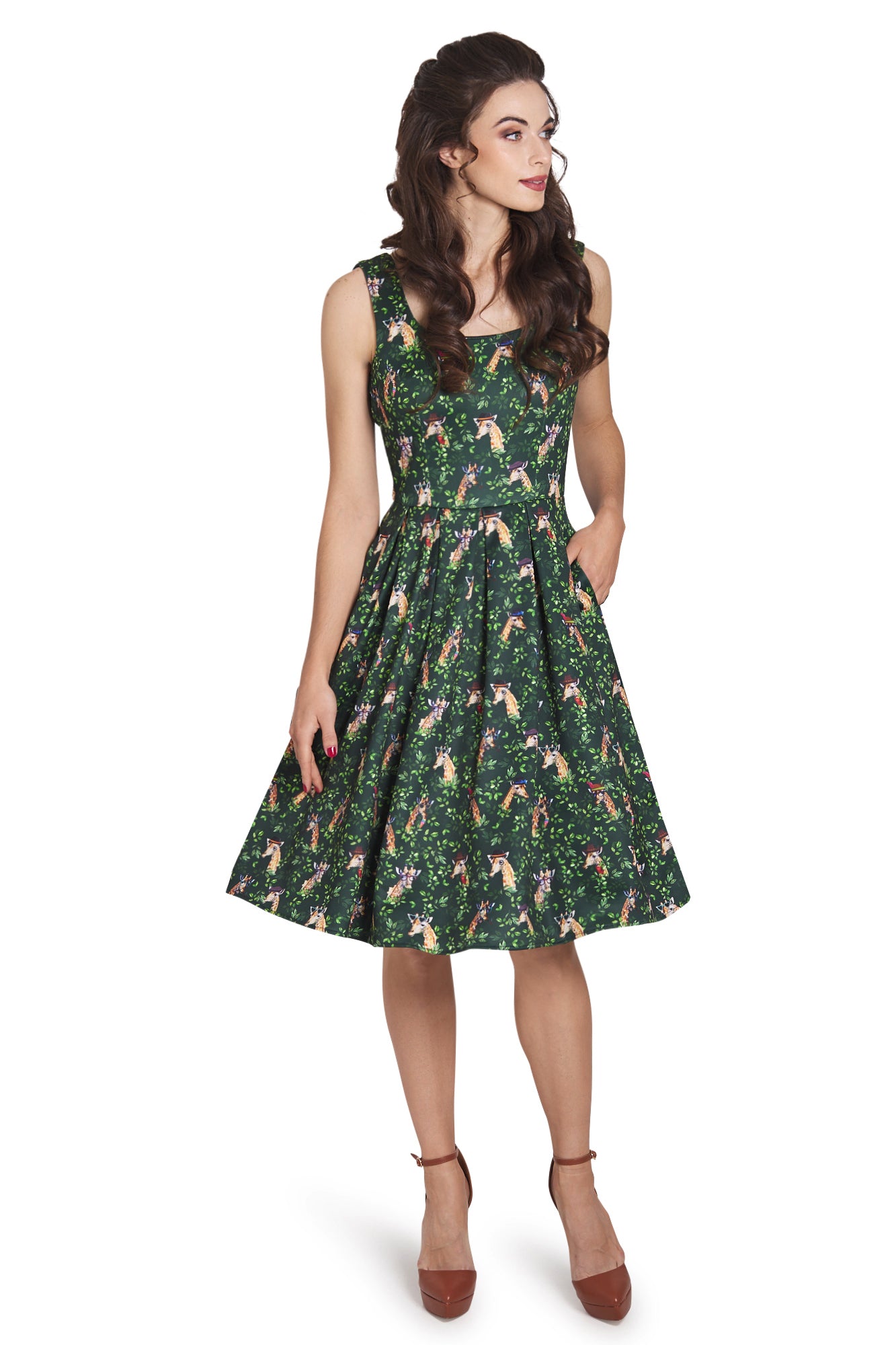 EU STOCK Amanda Swing Dress in Green Giraffe Print