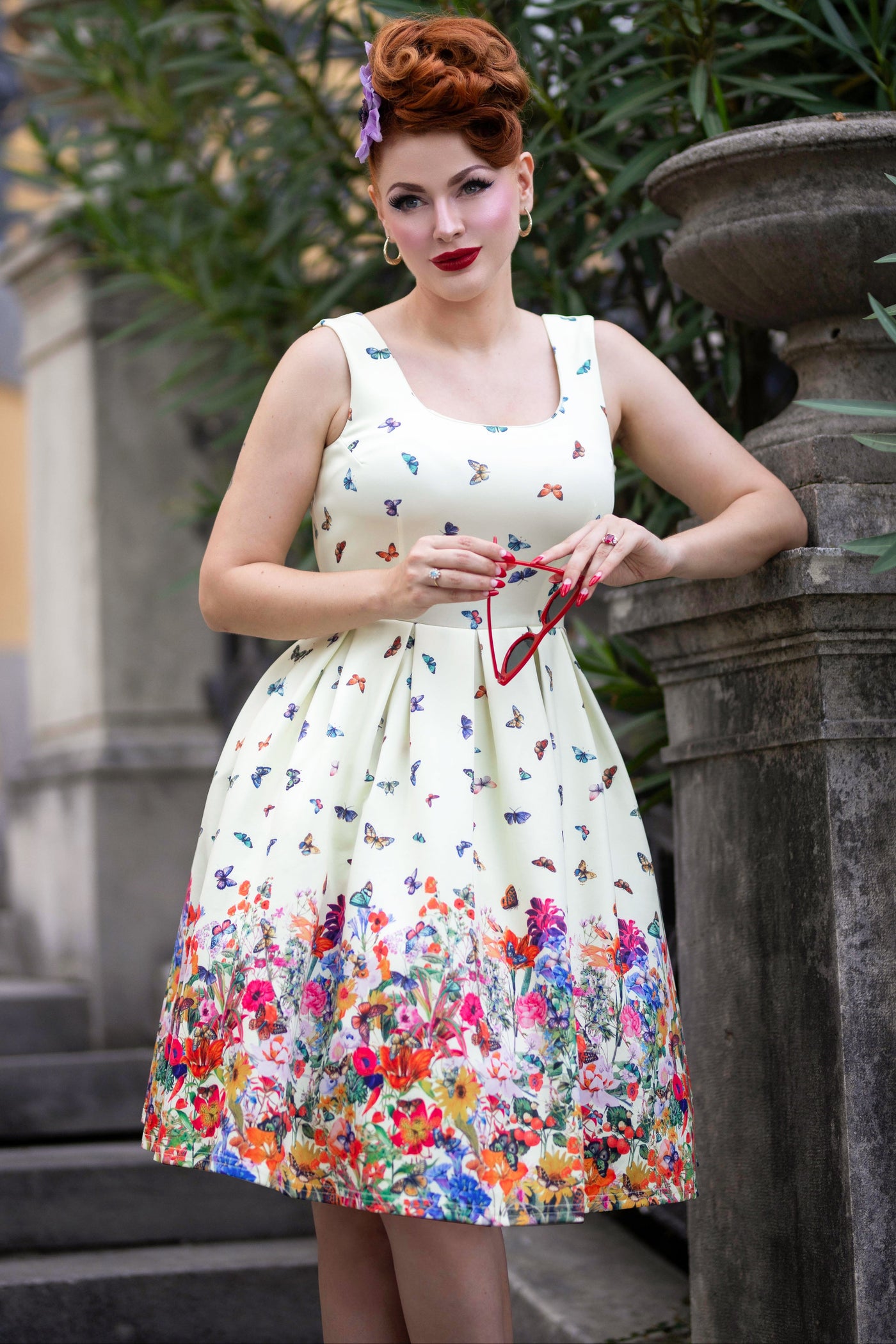 Amanda Light Yellow Scoop Neck Butterfly Print Swing Dress