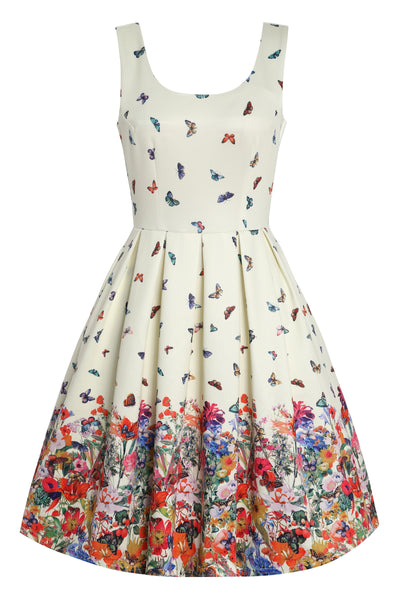 Amanda Light Yellow Scoop Neck Butterfly Print Swing Dress