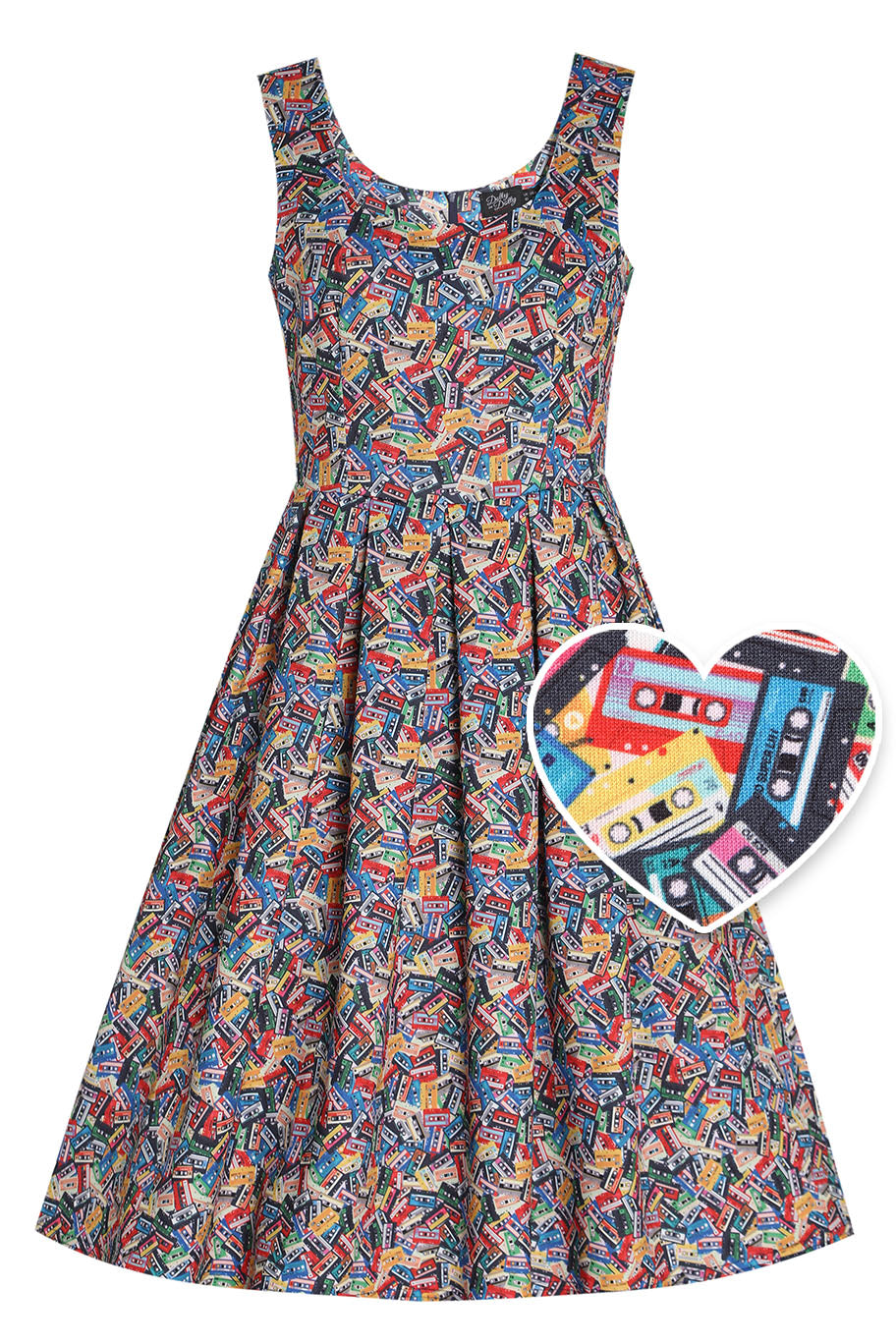 Amanda Multicolor Cassette Tape Print Scoop Neck Swing Dress