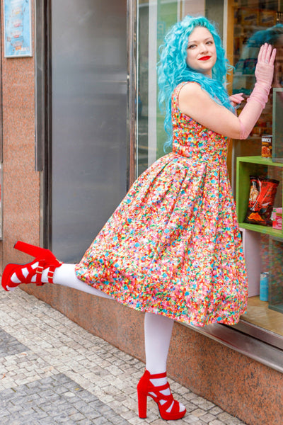 EU STOCK Amanda Multicolor Sweet Treats Print Scoop Neck Swing Dress