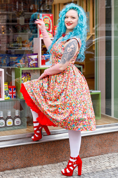 Amanda Multicolor Sweet Treats Print Scoop Neck Swing Dress