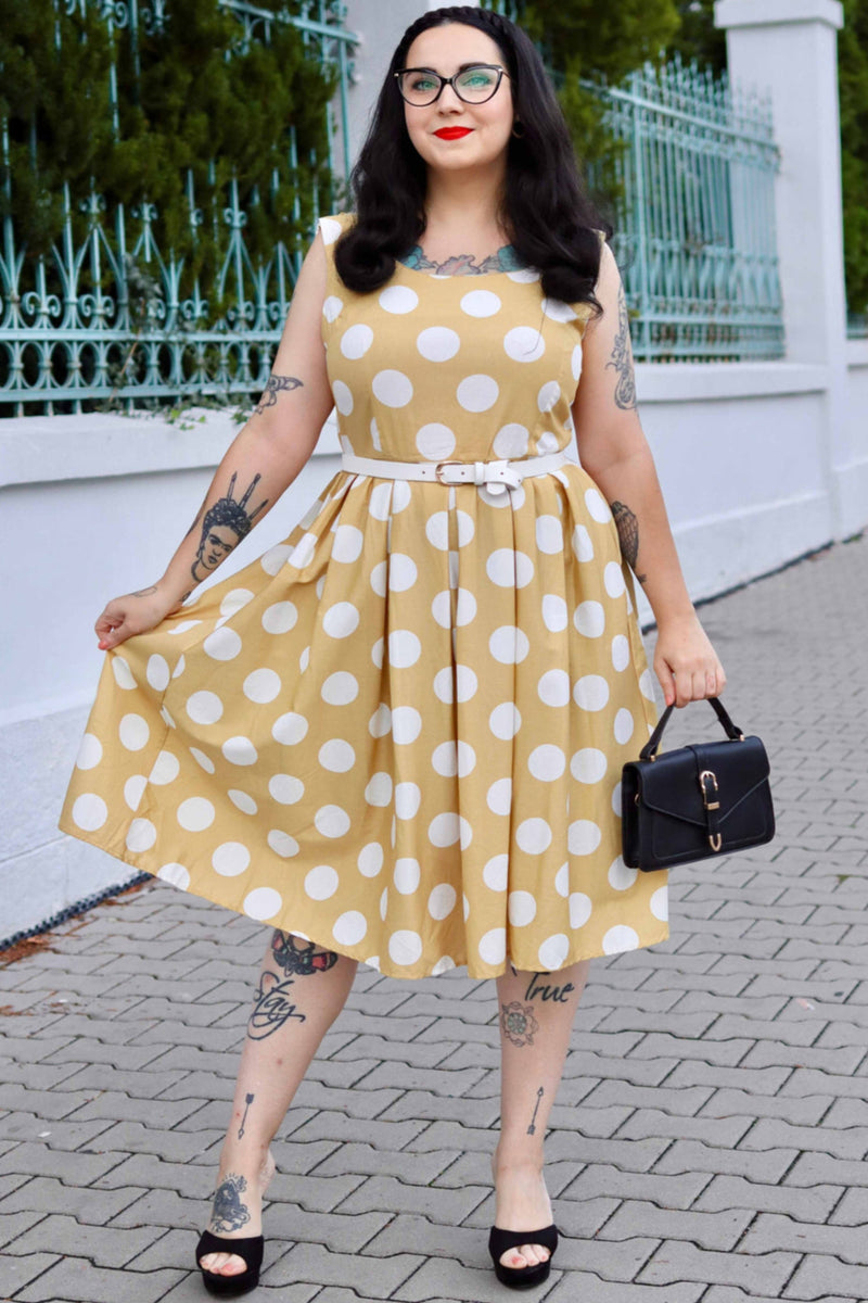 EU STOCK Amanda Swing Dress in Yellow/White Polka Print