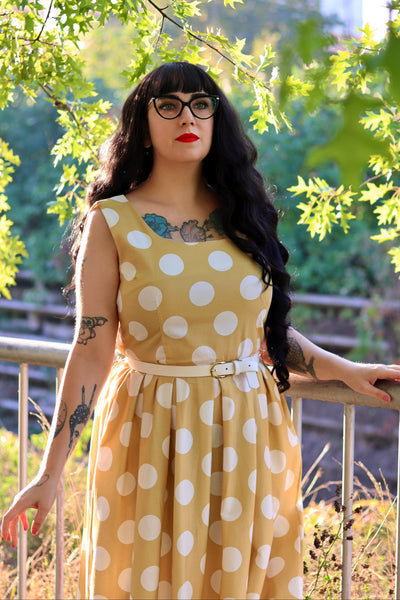 EU STOCK Amanda Swing Dress in Yellow/White Polka Print