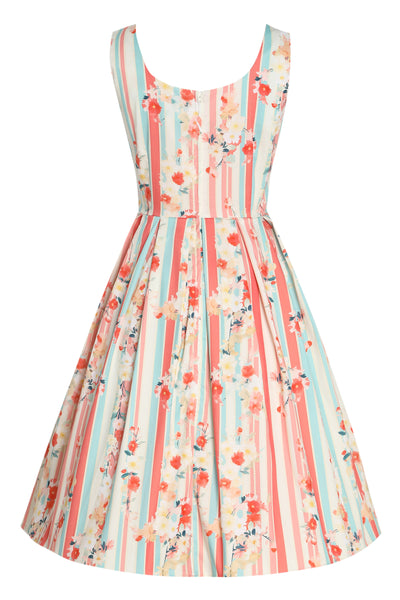 Amanda Pink Scoop Neck Blue Stripe/Floral Print Dress