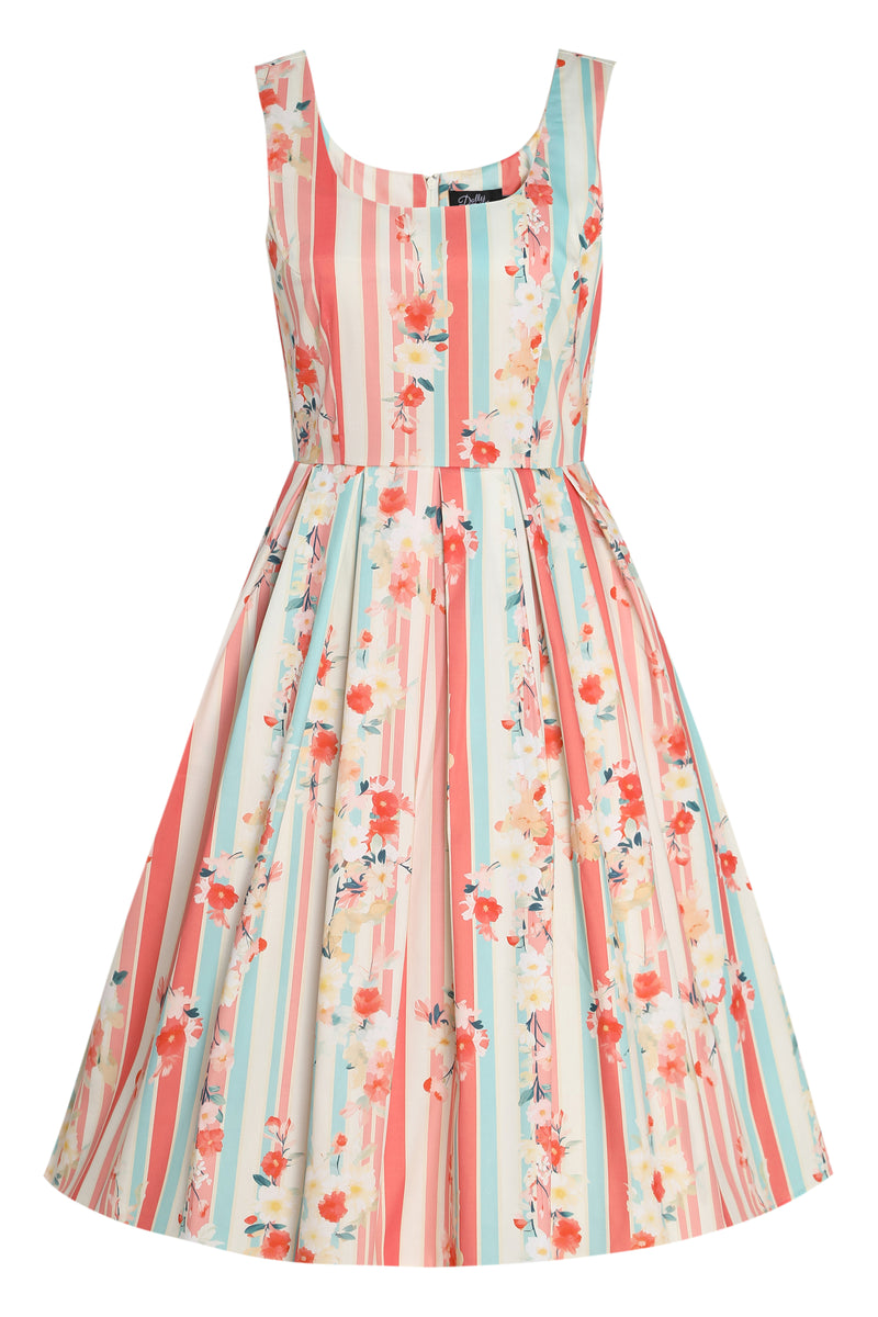 Amanda Pink Scoop Neck Blue Stripe/Floral Print Dress