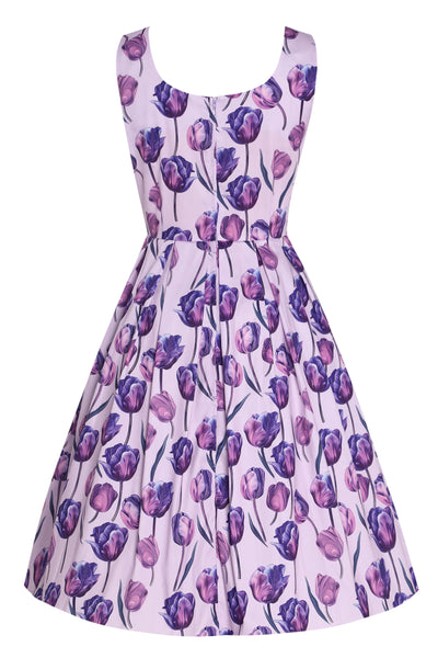 EU STOCK Amanda Lilac Scoop Neck Purple Tulip Print Dress