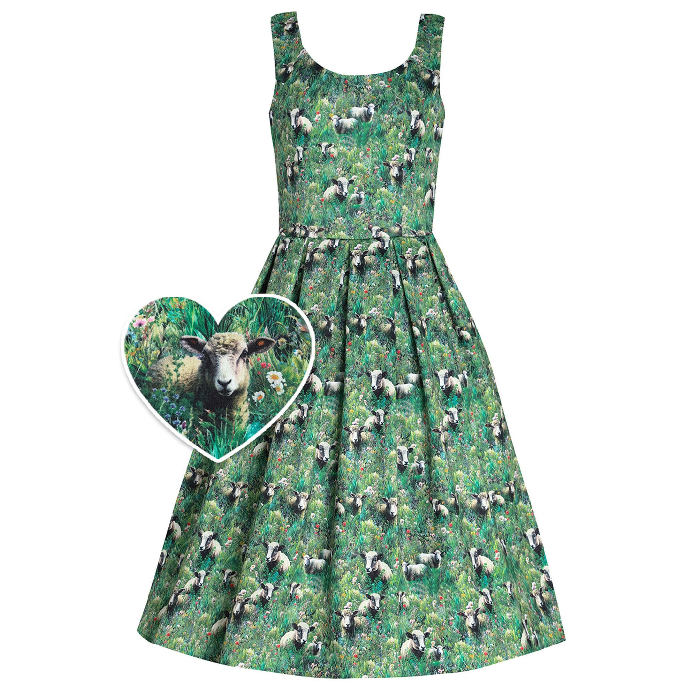 PRE ORDER Amanda Swing Dress in Green Fields Sheep & Lamb Print