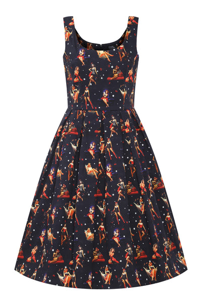 EU STOCK Amanda Black Scoop Neck Wonder Women Print Swing Dress