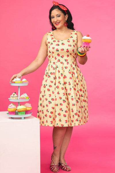 Amanda Strawberry Yellow Gingham Summer Dress